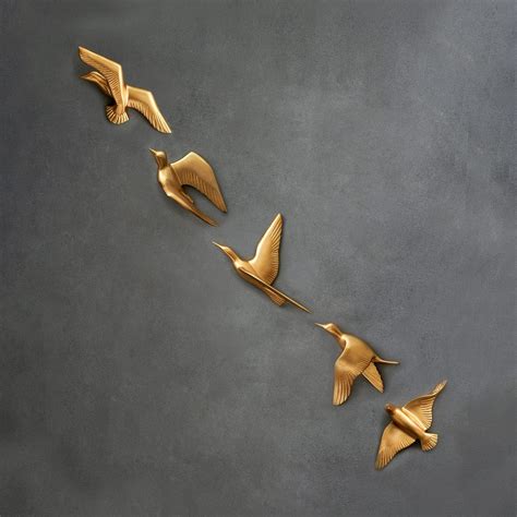 DecorTwist Metal Bird Wall Art for Living Room Set of 5 Golden Flying ...