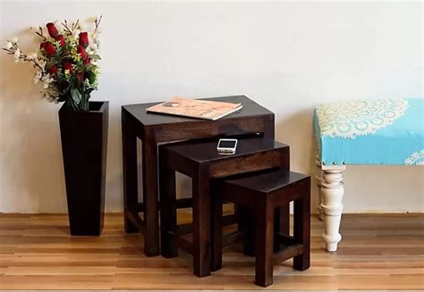 THE WOODEN CITY Sheesham Wood Handmade Nesting Tables for Living or ...