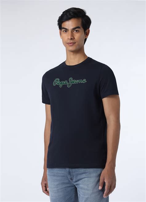 Men Navy Logo Print Short Sleeve Slim Fit T-shirt | Pepe Jeans India