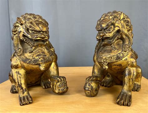 Vintage Pair Chinese Gilt Carved Wood Foo Dog / Guardian Lions ...