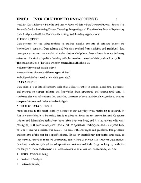 UNIT 1 DSA - DSA - UNIT 1 INTRODUCTION TO DATA SCIENCE 9 Need for Data ...