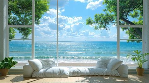 Bedroom with white bedding and big window close to the sea | Premium AI ...