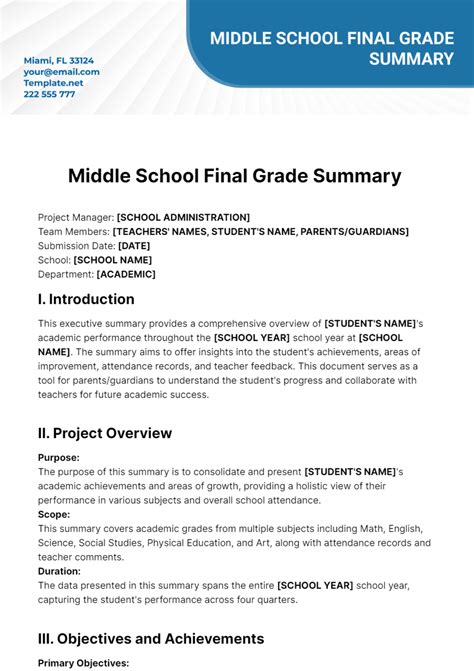 Free Middle School Final Grade Summary Template to Edit Online
