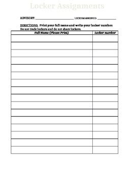 Image result for Locker Assignment Sheet