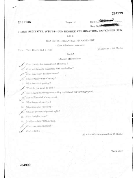 Third sem BBA Financial management question paper 20 - Financial ...