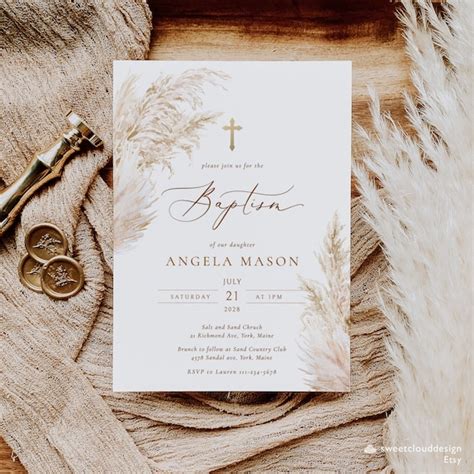 Pampas Grass Baptism Invitation Template Gold Cross Boho - Etsy India