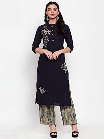 Buy Anaisa Women Navy Blue Straight Rayon Embroidery Mandarin Collar ...