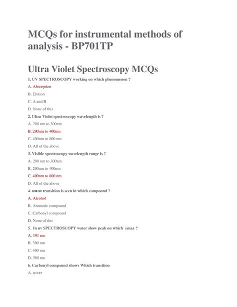 MCQs for Instrumental Methods of Analysis - BP701TP (for B. Pharm 7th ...