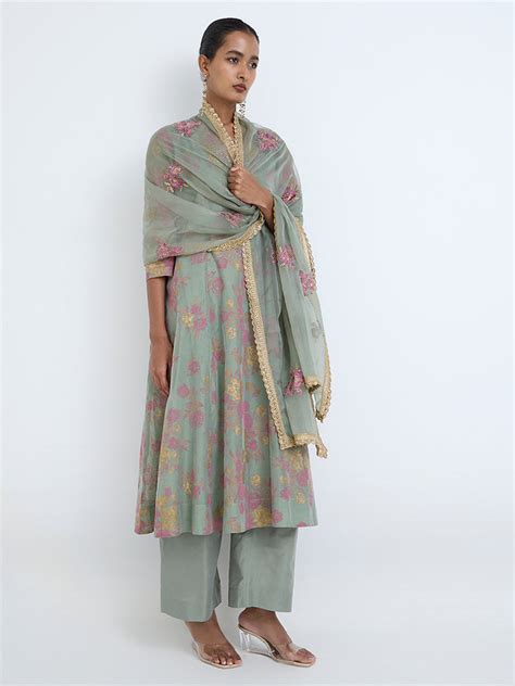 Buy Vark Mint Floral Pattern Anarkali Cotton-Blend Ethnic Set from Westside