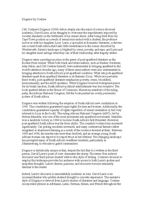 Disgrace by Coetzee - Lecture notes 7 - Disgrace by Coetzee J. Coetzee ...