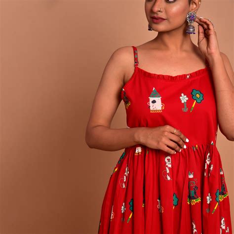 Red Fairy Tale Print Hem Shoulder Straps Dress – Fashiana