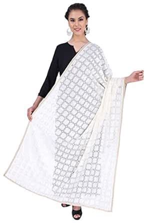 HWI Women's Crepe Silk Phulkari Bagh Dupatta-White : Amazon.in: Sports ...