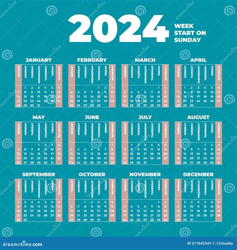 Plantilla De Calendario De 2024 Con Semanas Que Comienzan El Domingo ...