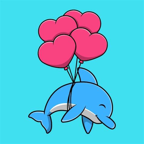 Schattige Dolfijn Drijvend Met Hart Liefde Ballon Cartoon Vector ...