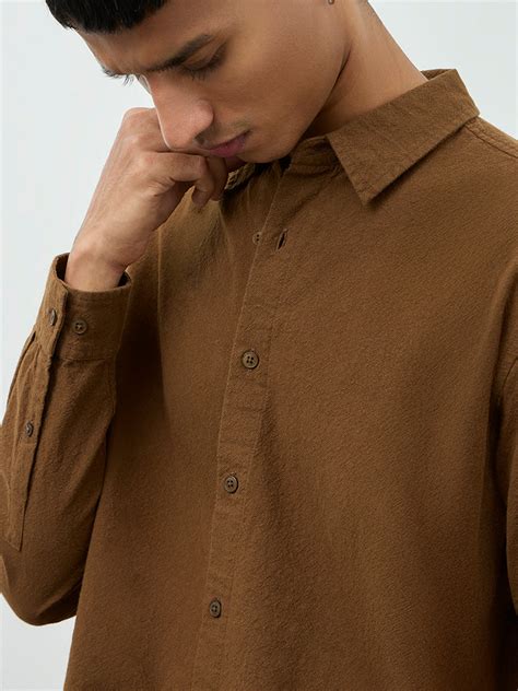 Buy ETA Brown Textured Relaxed-Fit Cotton Shirt from Westside