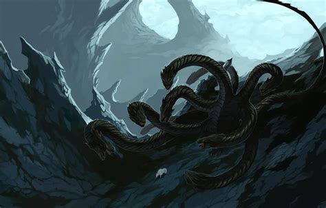 Wallpaper mountains, rocks, art, head, monster, Hydra for mobile and ...
