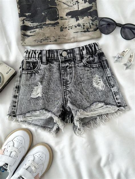 SHEIN Young Girls Grey Denim Ripped Frayed Hem Short Shorts For Summer ...