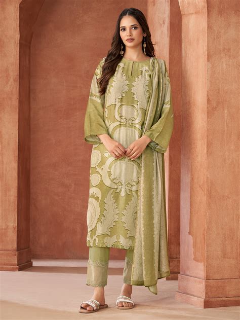 RUBI Light Mehendi Green - Muslin Suit Set With Fancy Handwork & Embro ...