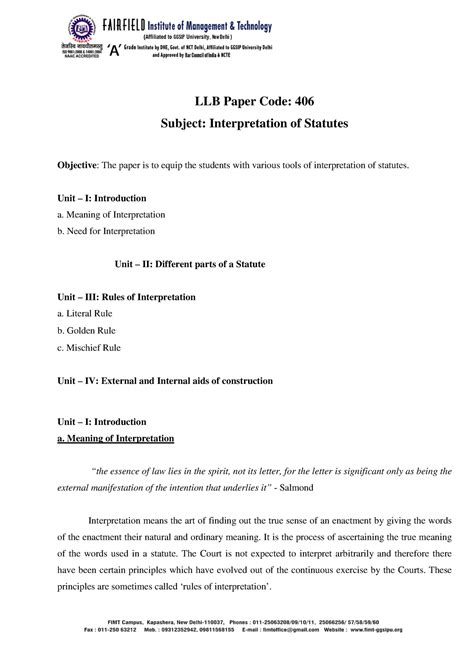 Intpret - interpretation of statute - LLB Paper Code: 406 Subject ...