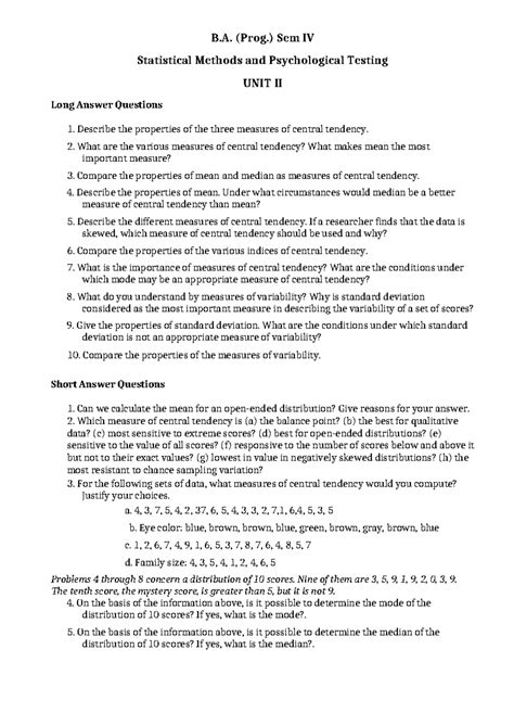 B.A. (Prog.) Sem IV Statistical Methods & Psychological Testing: Unit ...