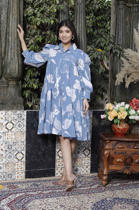 Women's Sky Blue Pure Cotton Floral Dress - Miravan – Trendia