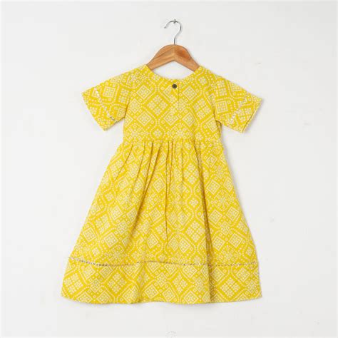 GIRLS YELLOW BANDHEJ ANKLE LENGTH ETHNIC GOTA DRESS WITH POM POM ...
