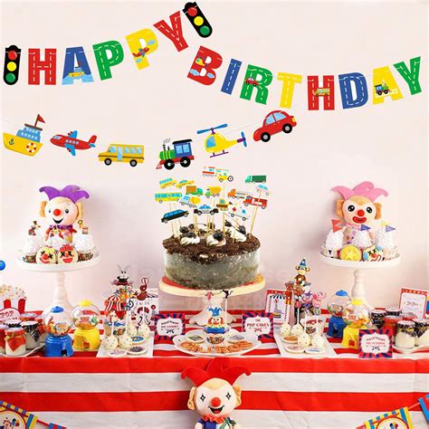 One Set Transportation Happy Birthday Banner and 18 Pcs Car Bus Train ...
