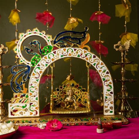 Buy Krishna Meenakari Swing Singhasan Jhula Online in India - Mypoojabox.in