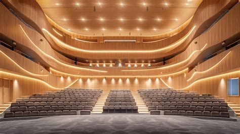 Modern auditorium with elegant wooden interior and ambient lighting ...