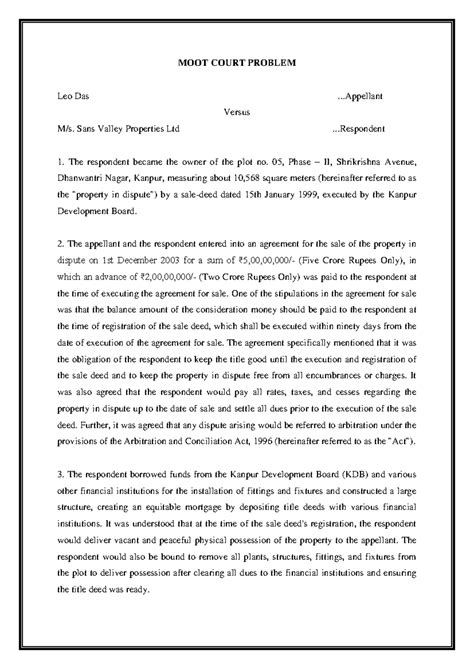 Moot Problem - CL 3 - MOOT COURT PROBLEM Leo Das .. Versus M/s. Sans ...
