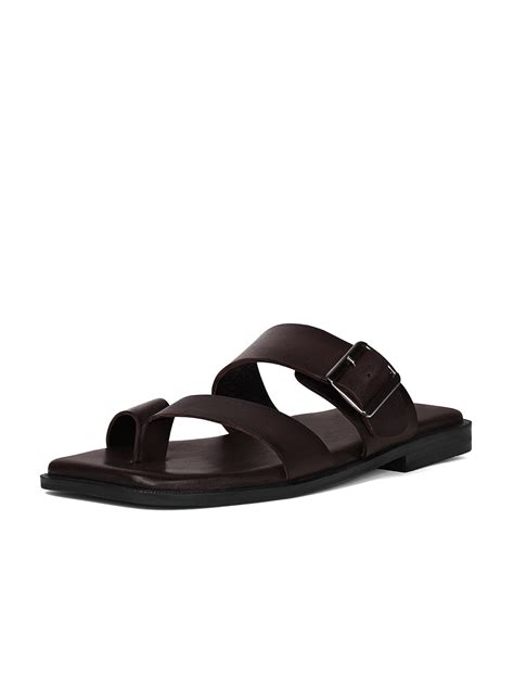 Brunette Brown Open Toe Lightweight T-Strap Leather Sandal with Adjust