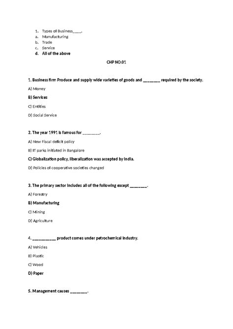 Business Management MCQs - CHP NO.01 & CHP NO.02 - Studocu