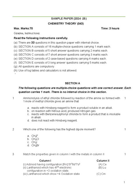 Chemistry Theory (043) - Sample Paper for 2024-25 Examination - Studocu
