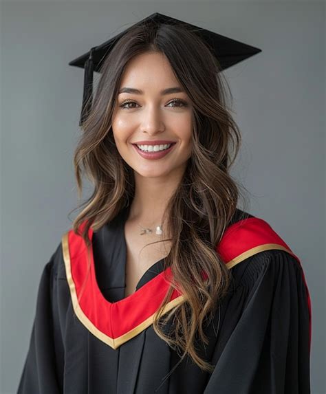 A young woman with wavy hair wearing graduation gown on a gray ...