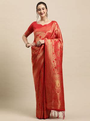 Buy Akhilam Red Festive Silk Blend Woven Design Saree with Unstitched ...