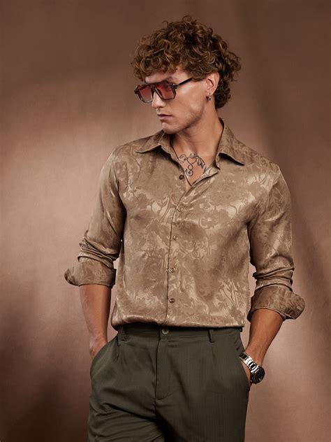 ₹999 | Campus Sutra Men's Peanut Brown Flora-Textured Shirt - Campussutra