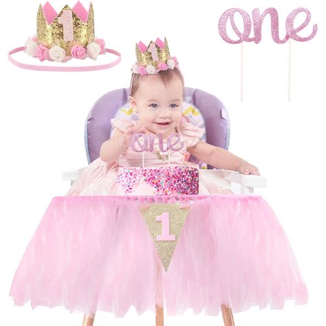 Buy Girl's one Year Old Birthday Decorations, high Chair Banner 1 Year ...