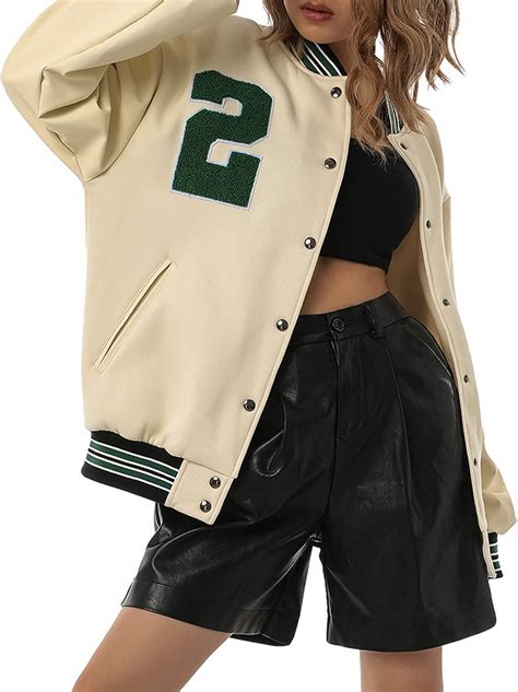 Buy Dcohmch Varsity Jacket Women Girl Vintage Relaxed Casual Fit ...