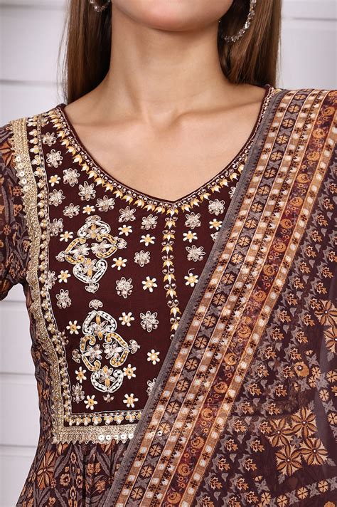 Buy Brown Geometric Printed Zari Embroidered Georgette A-line Kurta ...