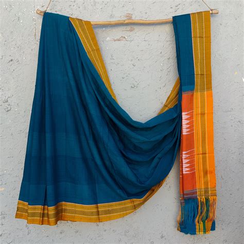 Ilkal - Pure Cotton Traditional Ilkal Saree Blue With Mustard – Sanskruti