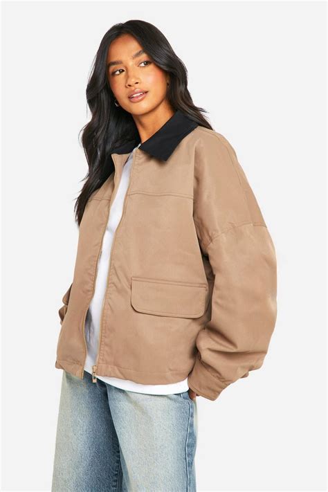Petite Contrast Collar Oversized Harrington Jacket | boohoo