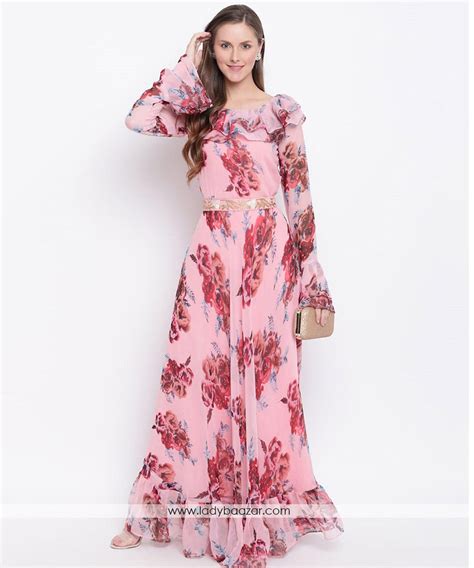 Trendy bell Sleeve Peach Floral Printed Faux Georgette Maxi Dress