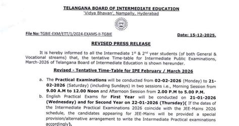TG BIE 2026: IPE exam tentative revised schedule released at tgbie.cgg ...