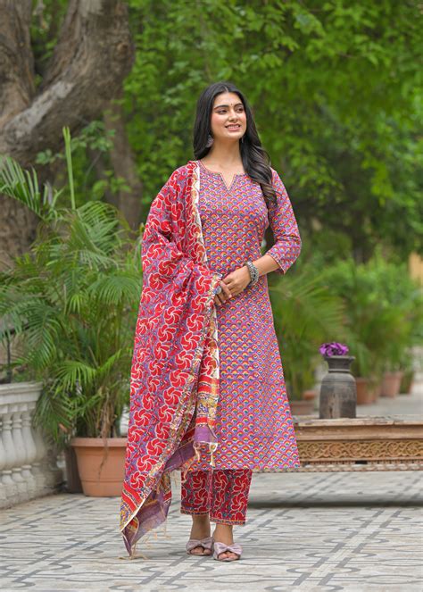 Khushi red handblock printed cotton suit set with chanderi dupatta