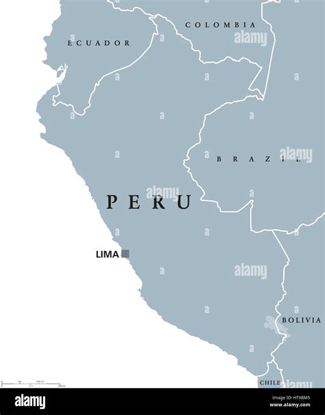 Peru political map with capital Lima, national borders and neighbors. Republic and country in ...