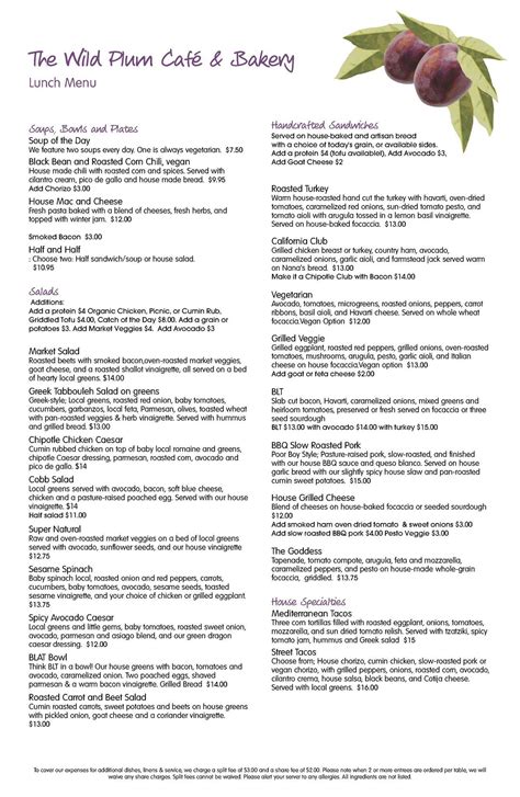 Menu at The Wild Plum Cafe, Monterey