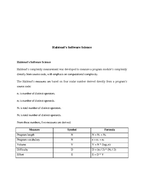 MTCS-203B: Halstead’s Software Science Overview and Measures - Studocu
