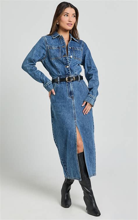 Alison Midi Dress - Long Sleeve Front Split Denim Dress in Mid Blue ...