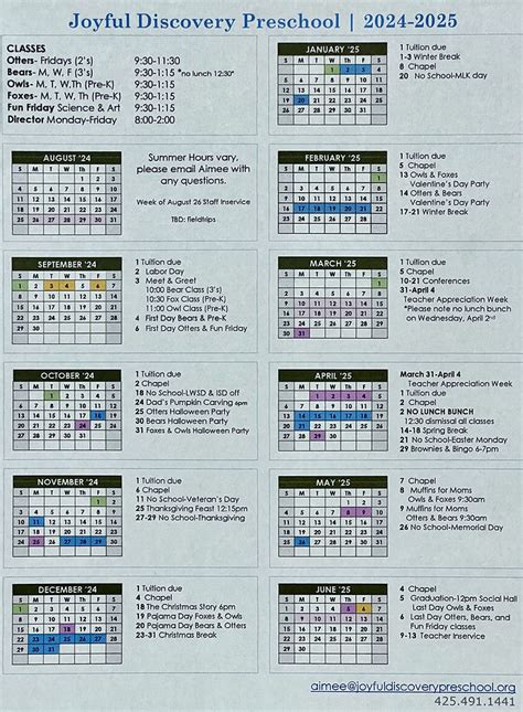 Calendar | Joyful Discovery Preschool | Sammamish, Issaquah, Redmond