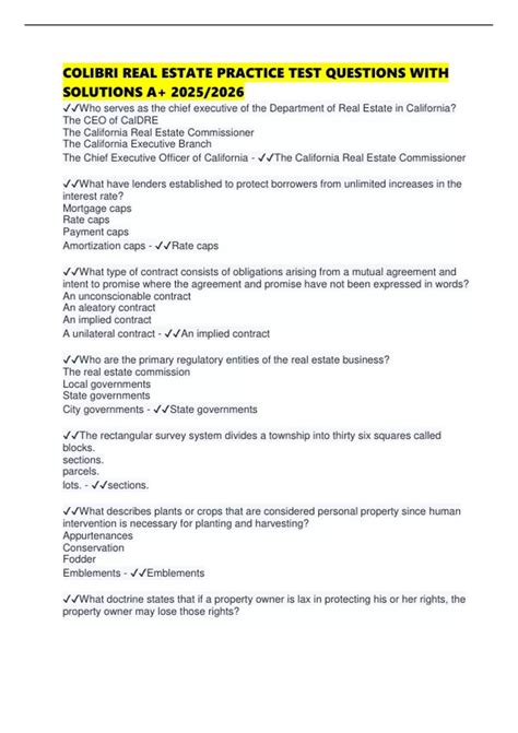 COLIBRI REAL ESTATE PRACTICE TEST QUESTIONS WITH SOLUTIONS A+ 2025/2026 ...